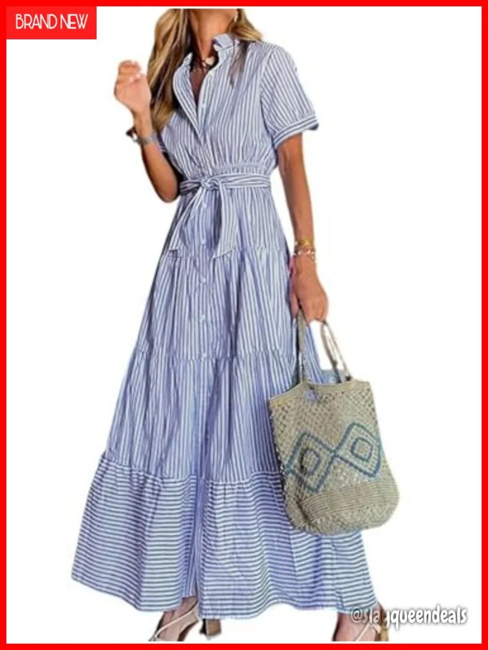 Women's Striped Button Down High Waisted Maxi Shirt Dress with Belt